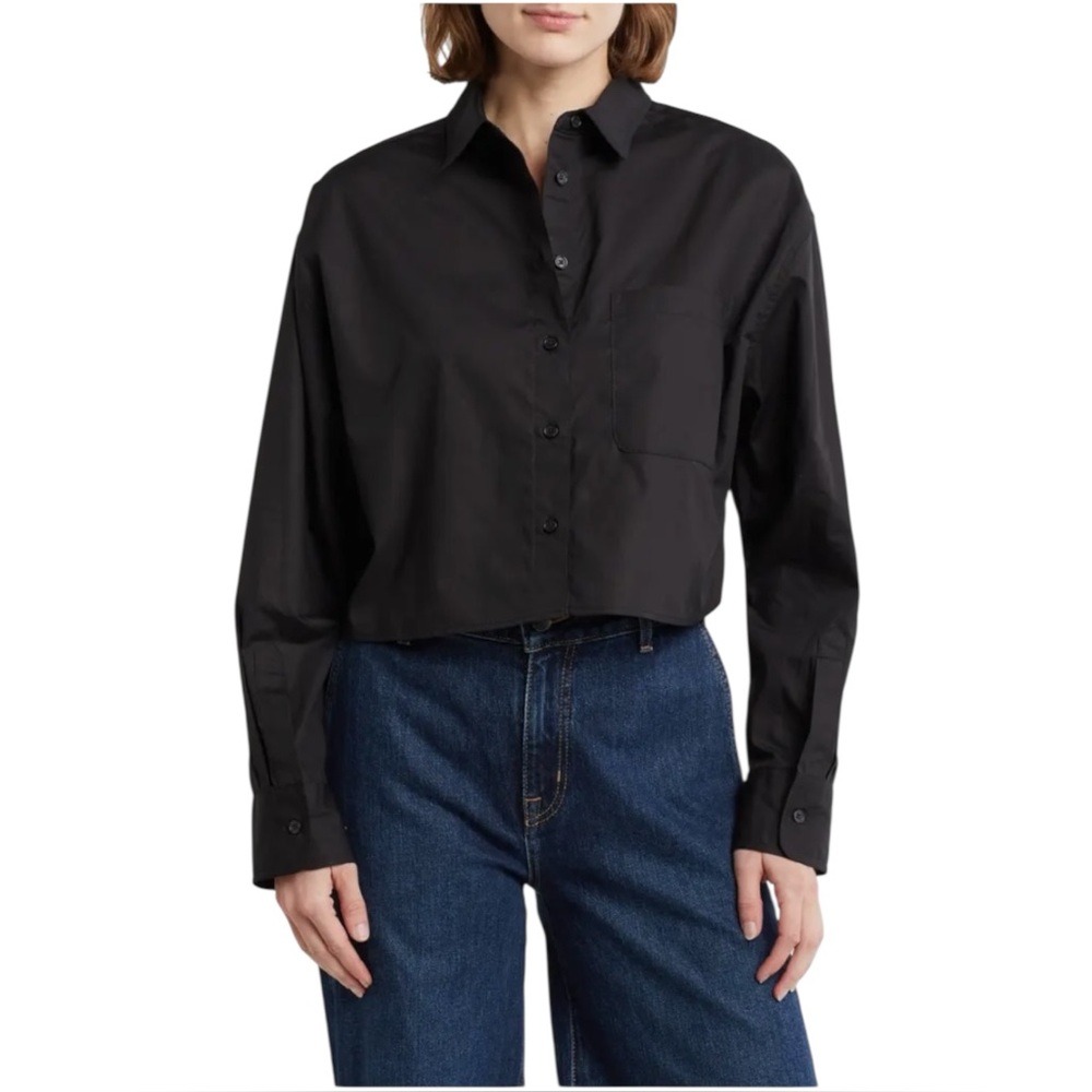 French Connection Alissa Crop Long Sleeve Shirt in Black Size Small